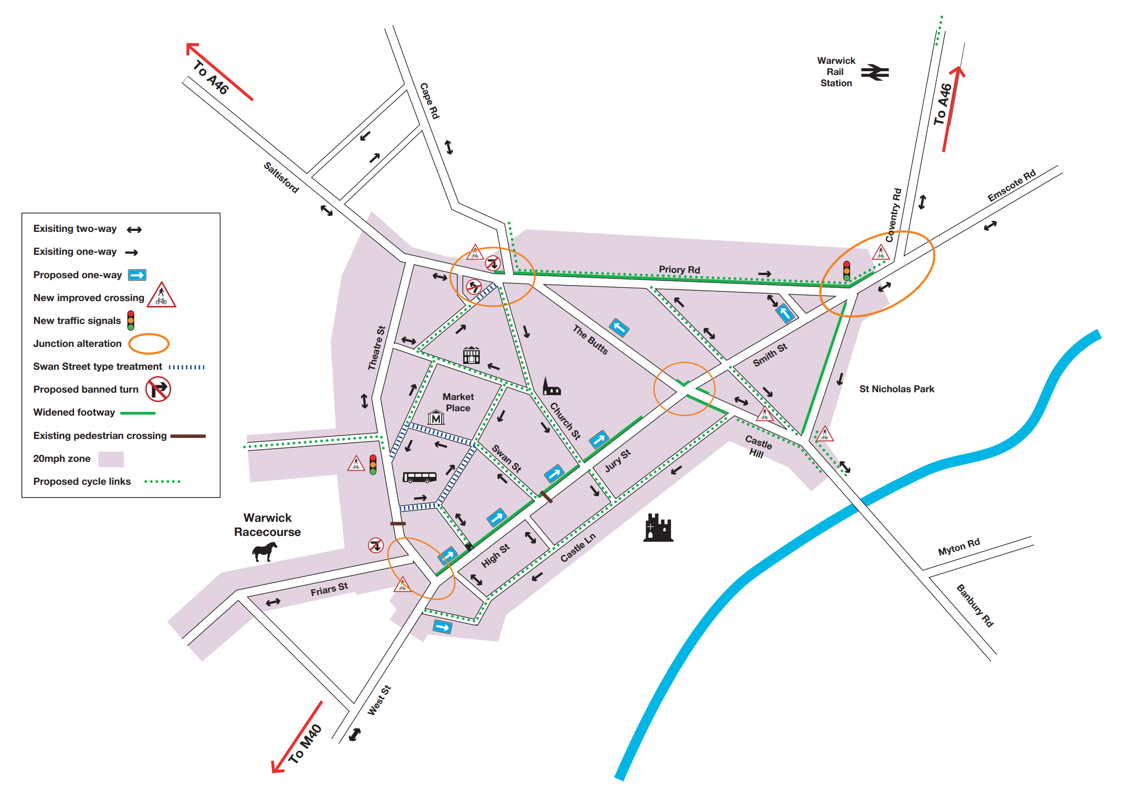 Map showing suggested improvements of Warwick Town Centre, as explained in the bullet points above