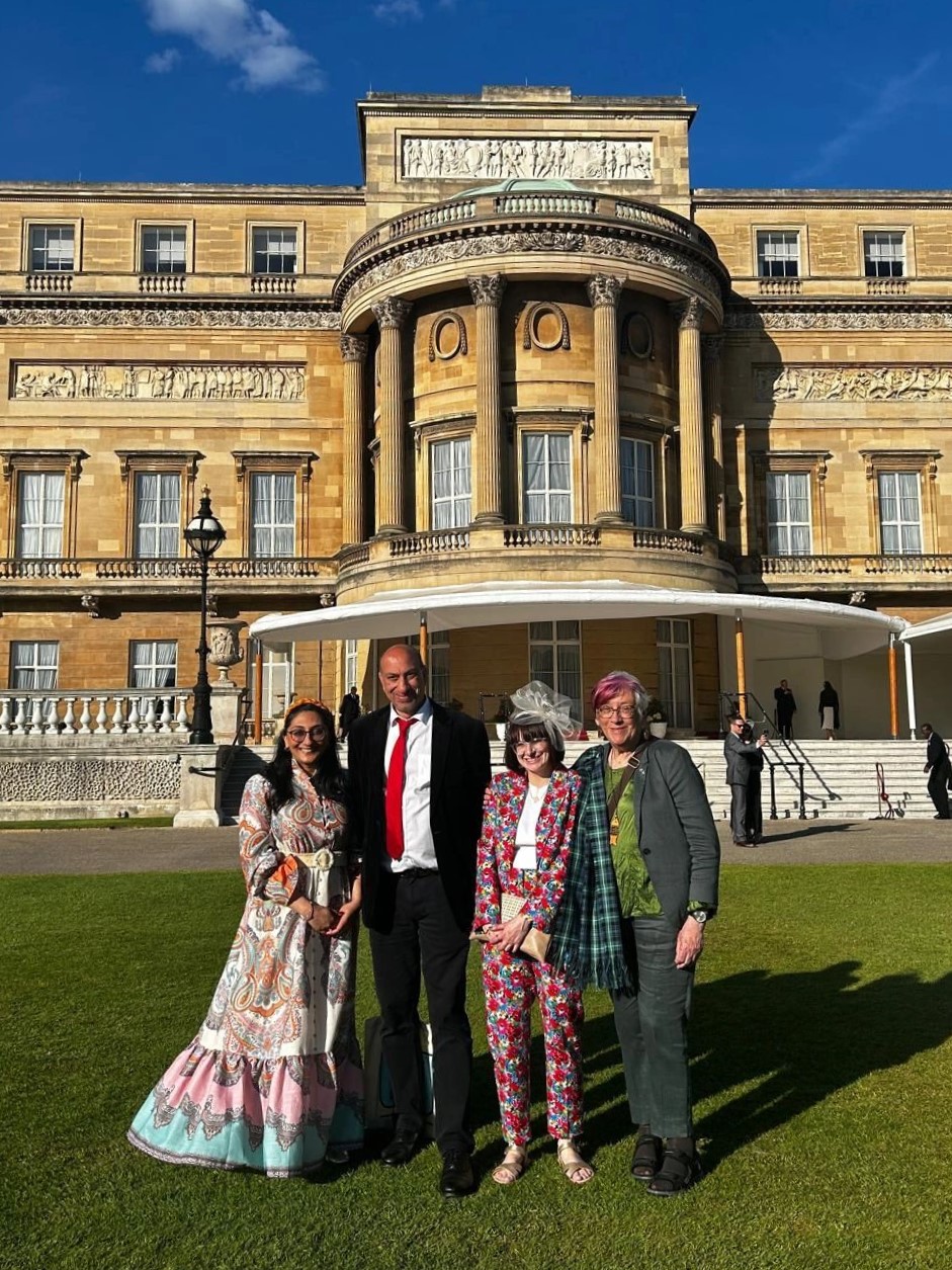 From left to right: Anjna Chouhan, Ayub Khan, Lucy Carlton-Walker, and Carol Brown at Buckingham Palace.