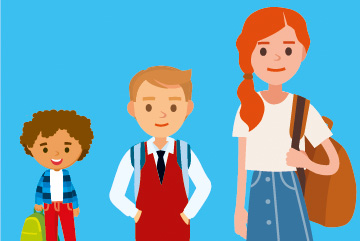 Illustration of three school pupils of different ages with school bags.