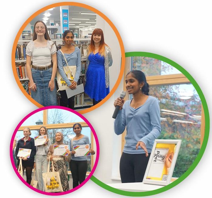 Image of Ananditha performing at Rugby Library to win the 24/25 Young Poet Laureate competition