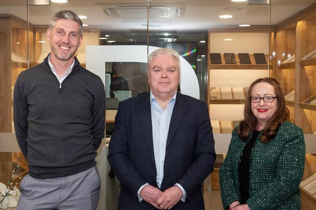 (Photo: from left) Mike Boyden (Bellagio Stone), Cllr Martin Watson (Warwickshire County Council) and Michelle Connor (Warwickshire Manufacturing Growth Programme)