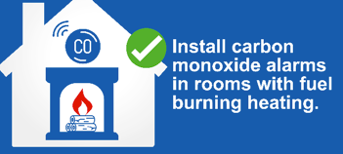 Carbon monoxide safety tips - install monoxide alarms in rooms with fuel burning heating