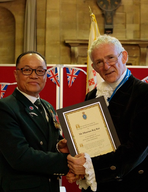 David Kelham, High Sheriff of Warwickshire, and Mr Dharma Raj Rai from Nuneaton who was presented with a High Sheriff award for his work with Gurkha British Veterans.