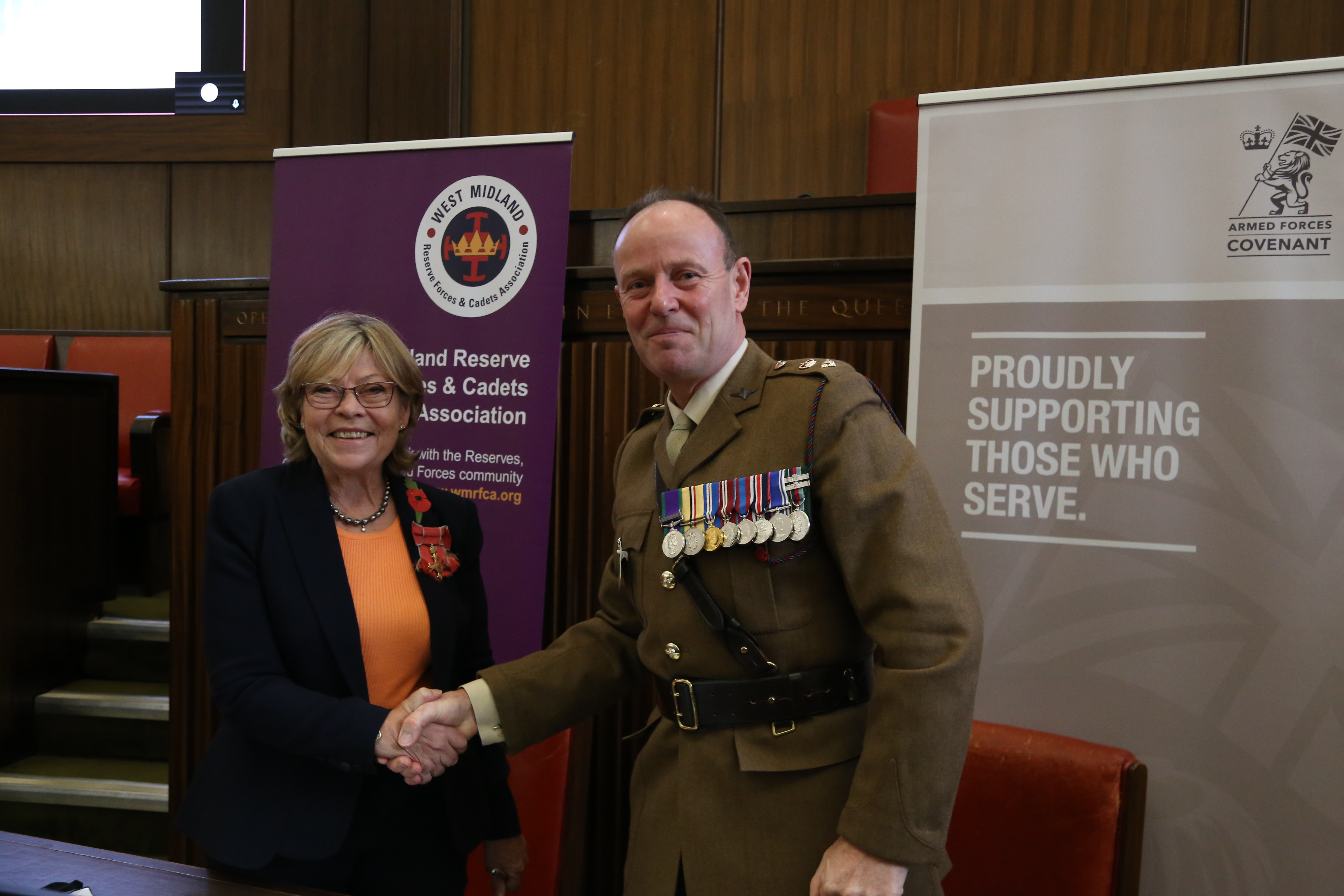 Cllr Izzi Seccombe with Lt.Col Southall at the Armed Forces Covenant signing ceremony, at Shire Hall on Wednesday 6 November 2024.