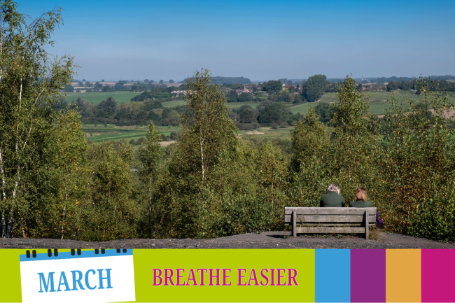 Two people sat on bench looking out to a view of trees in a country park