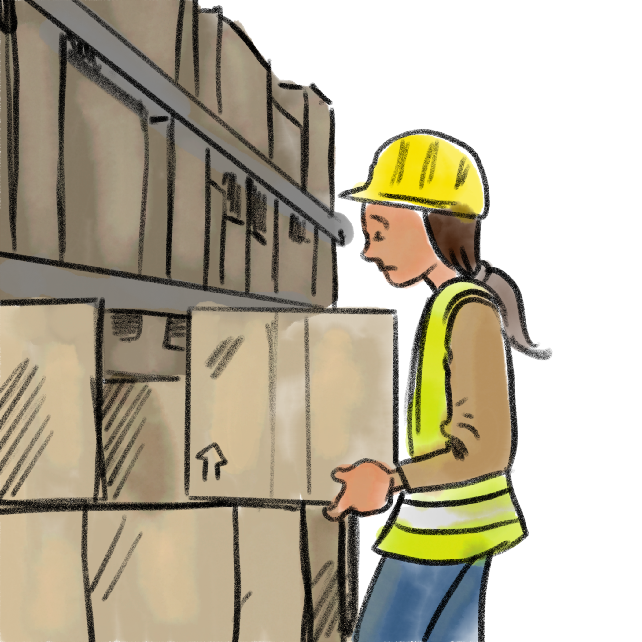 A graphic of a young person putting cardboard boxes on a shelf.