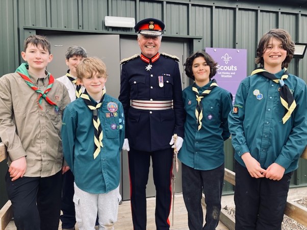 The Lord Lieutenant of Warwickshire, Tim Cox, officially opens the Henley and Wootton Scout HQ.