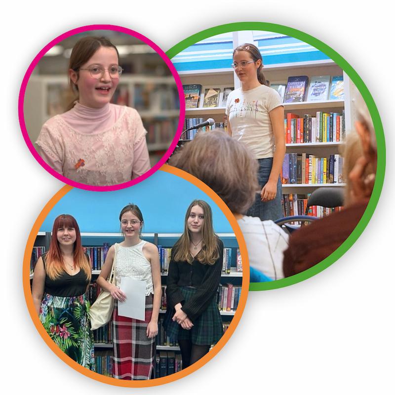 Various images of May performing at Warwickshire Libraries