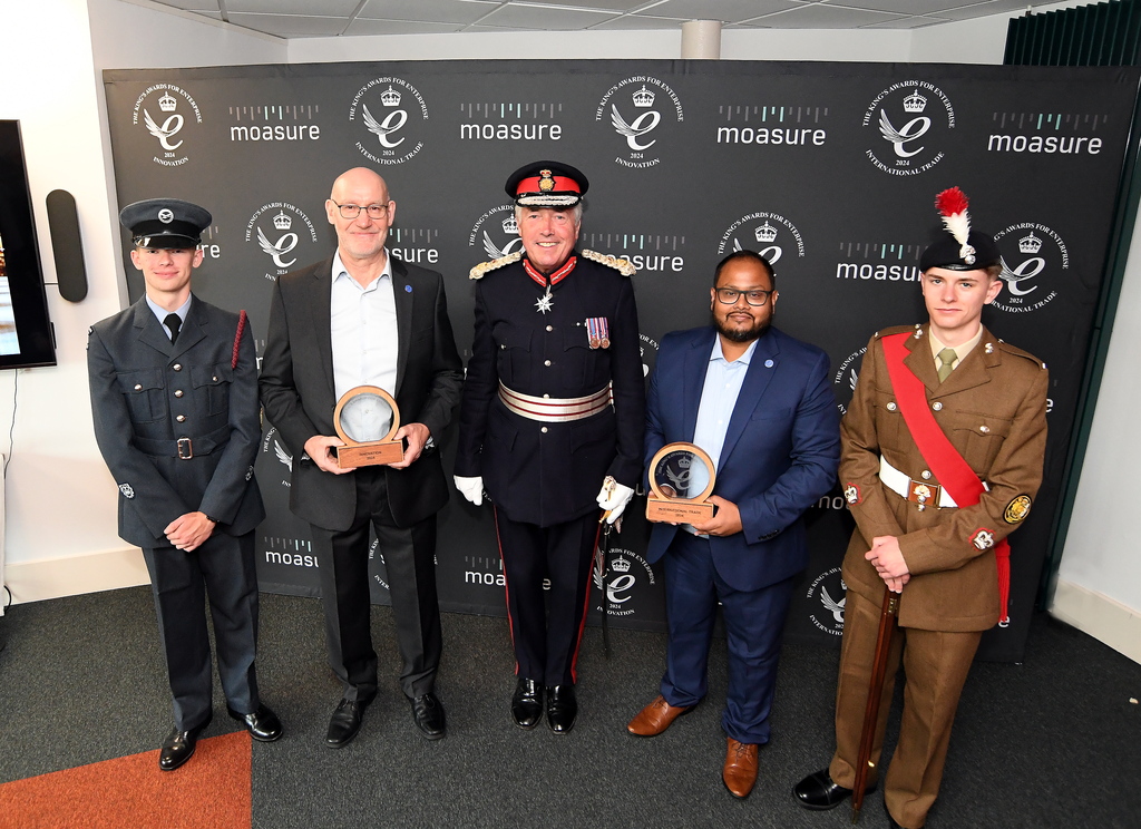 From left to right: Lord Lieutenant Cadet Jayden Thorpe; Alan Rock, Moasure Founder and Co-CEO; Tim Cox, Lord Lieutenant of Warwickshire; Moasure Co-CEO Mo Hussain, and Lord Lieutenant  Cadet, Corey Cox.