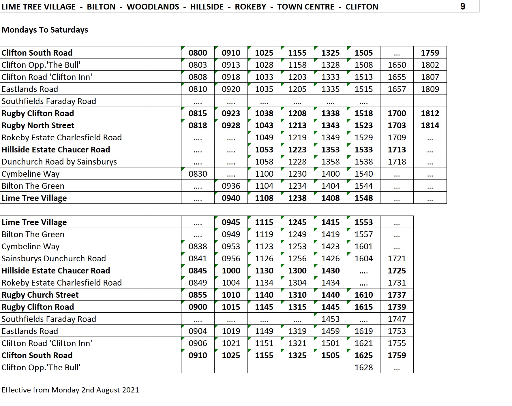 bus number 9 timetable