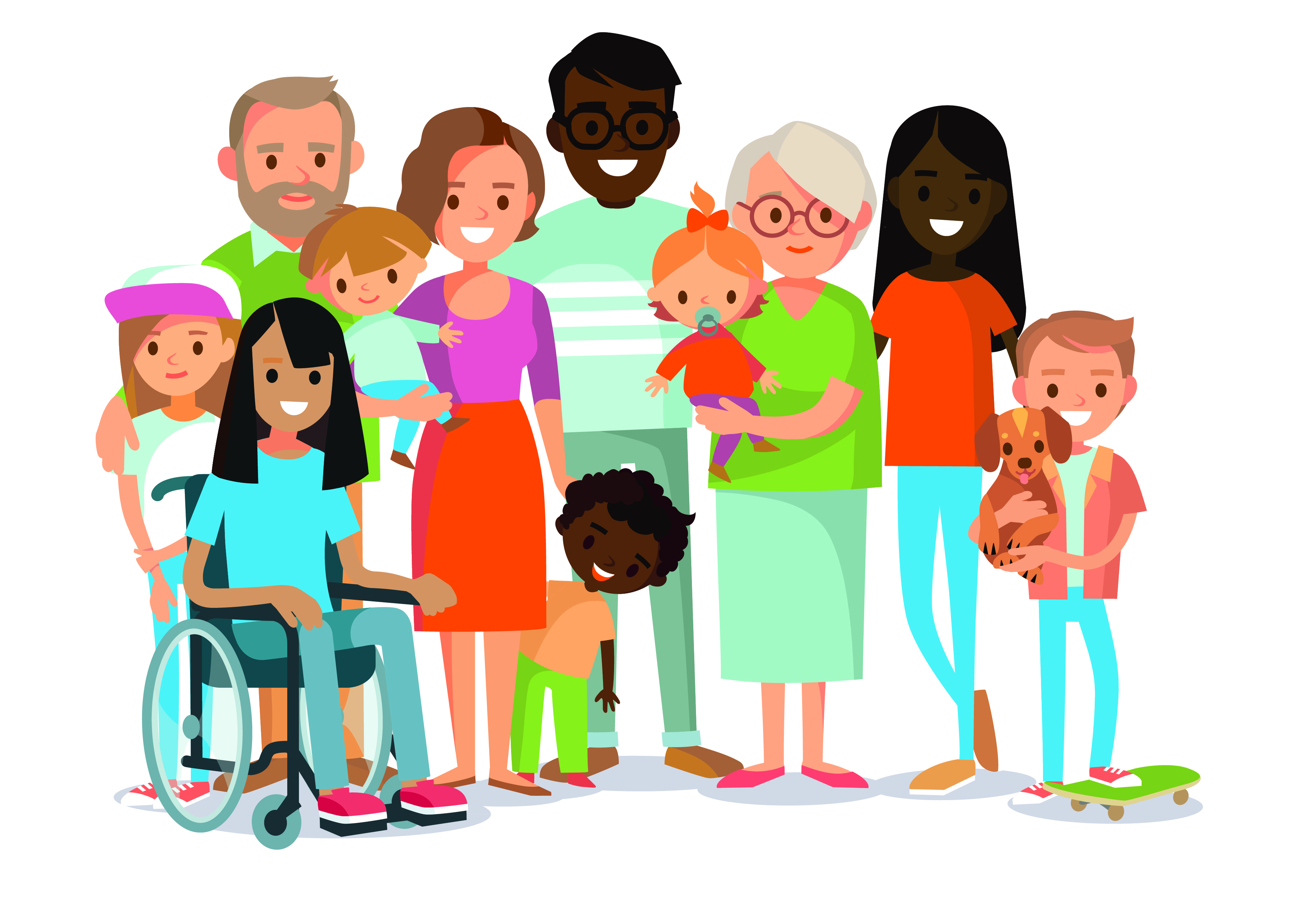 A drawing of a group of people representing all ages, ethnicities and abilities.