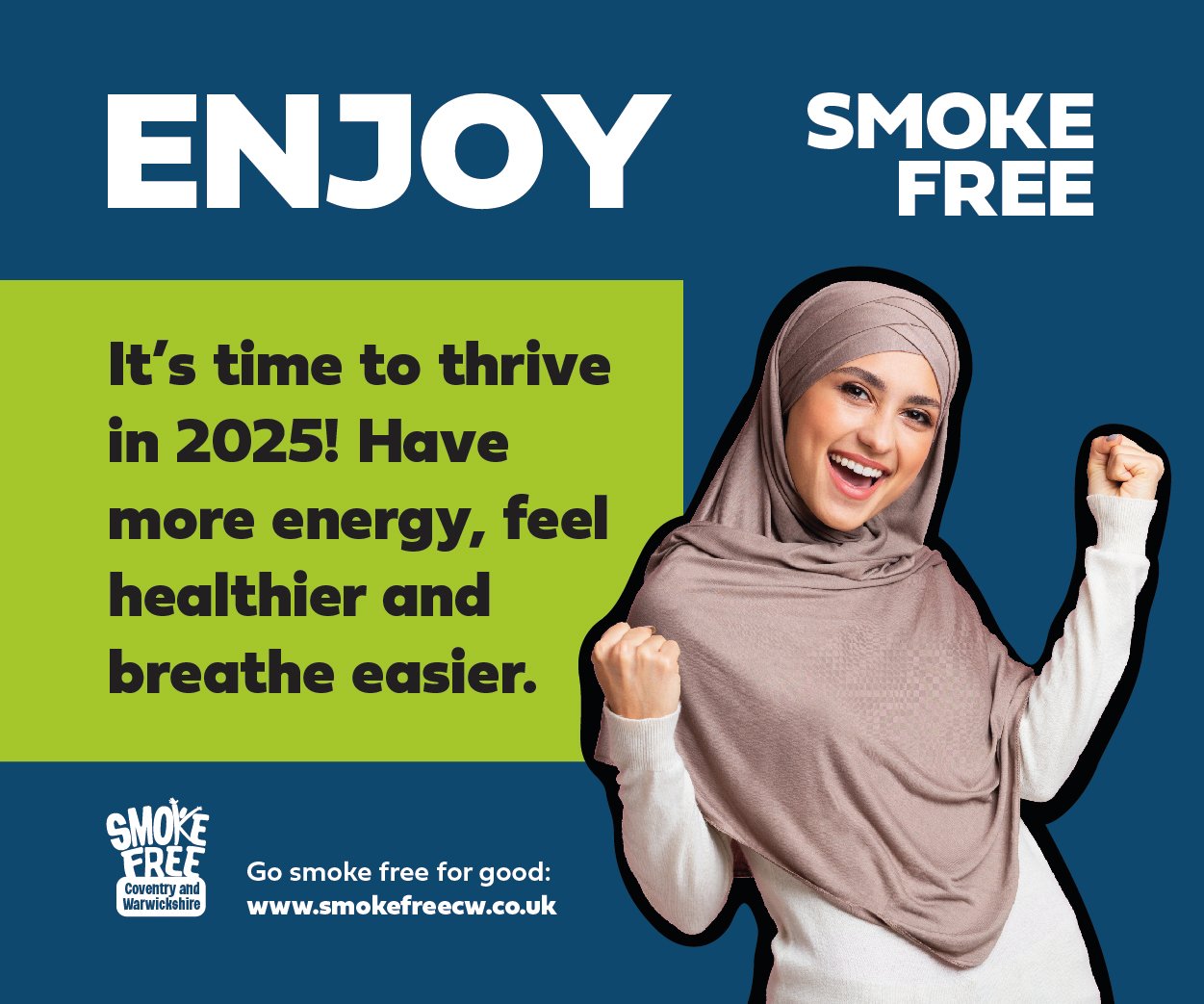 An image of a happy woman with the message: It's time to thrive in 2025. Have more energy, feel healthier and breathe easier.