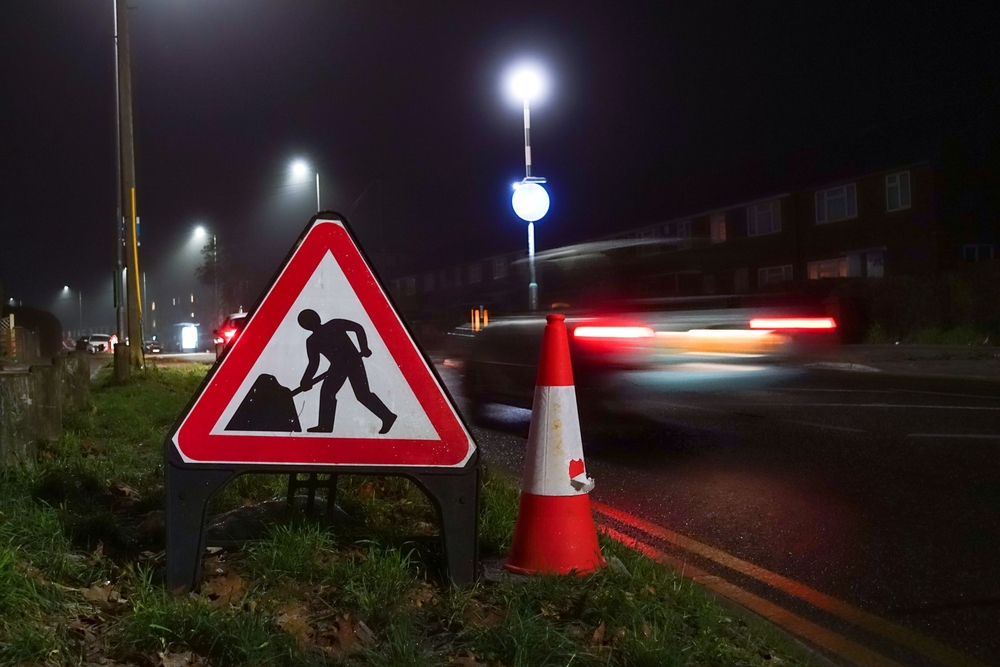 Roadworks sign in the dark