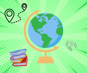 Green icon with a globe in the middle of it and books to denote a school lesson