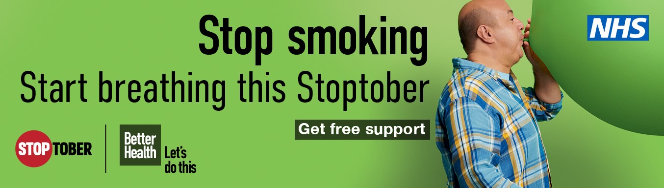 Stop smoking start breathing campaign header - man blowing up large balloon